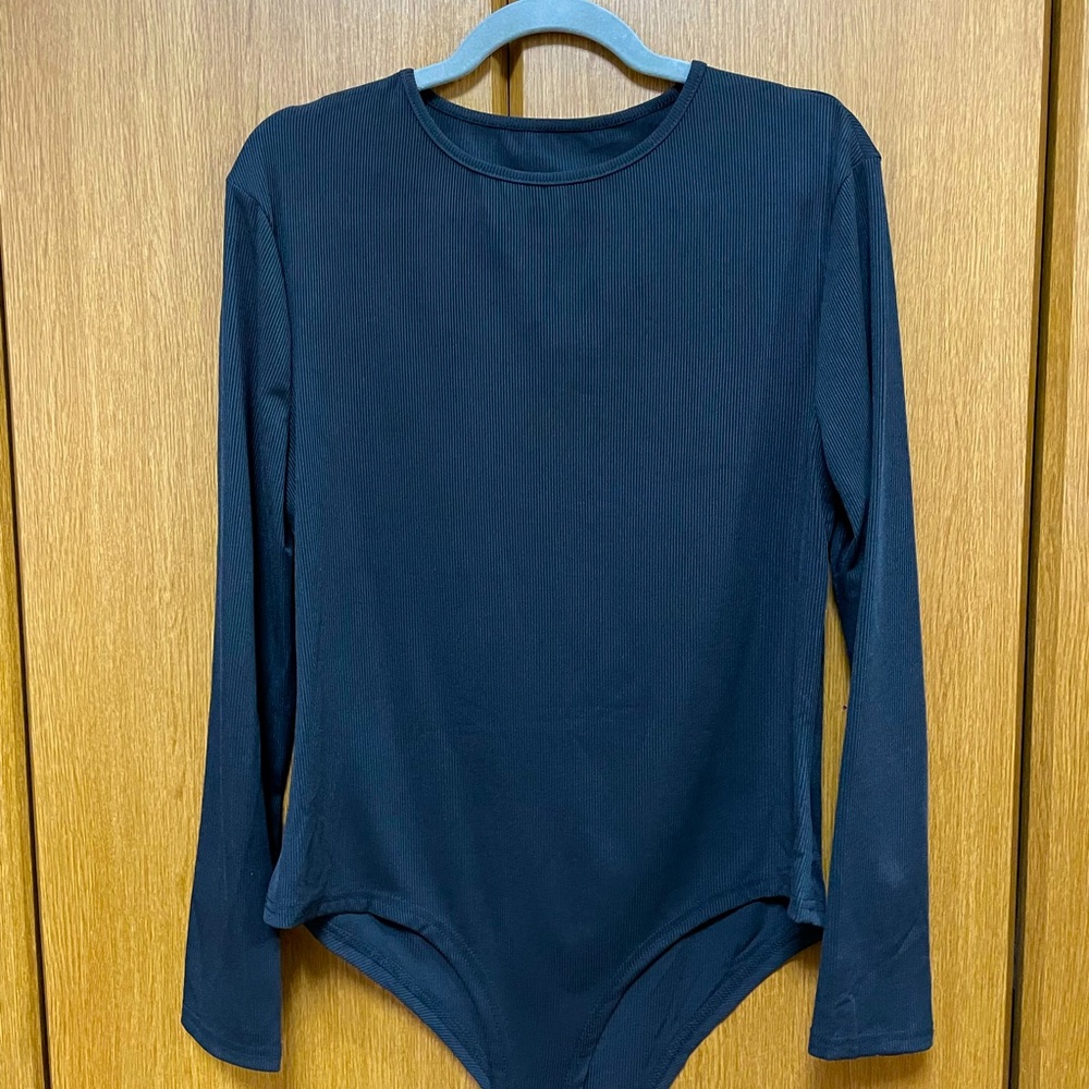 Black, long-sleeve, scoop neck, body suit